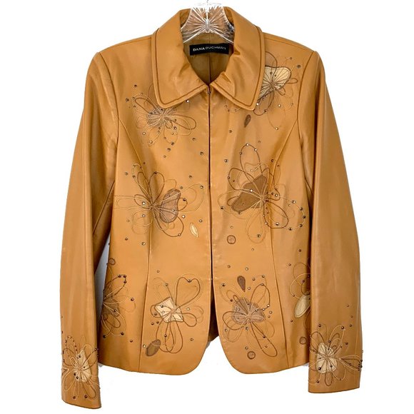 Dana Buchman Genuine Leather Embroidered Boho Camel Jacket Sz 4 - Picture 1 of 16